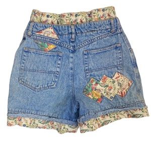 Vintage 80s paper bag waist floral patchwork denim shorts size 9/10 retro